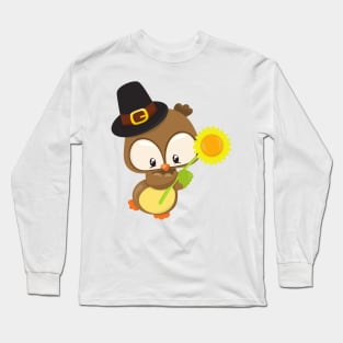 Thanksgiving Owl, Brown Owl, Pilgrim Hat, Flower Long Sleeve T-Shirt